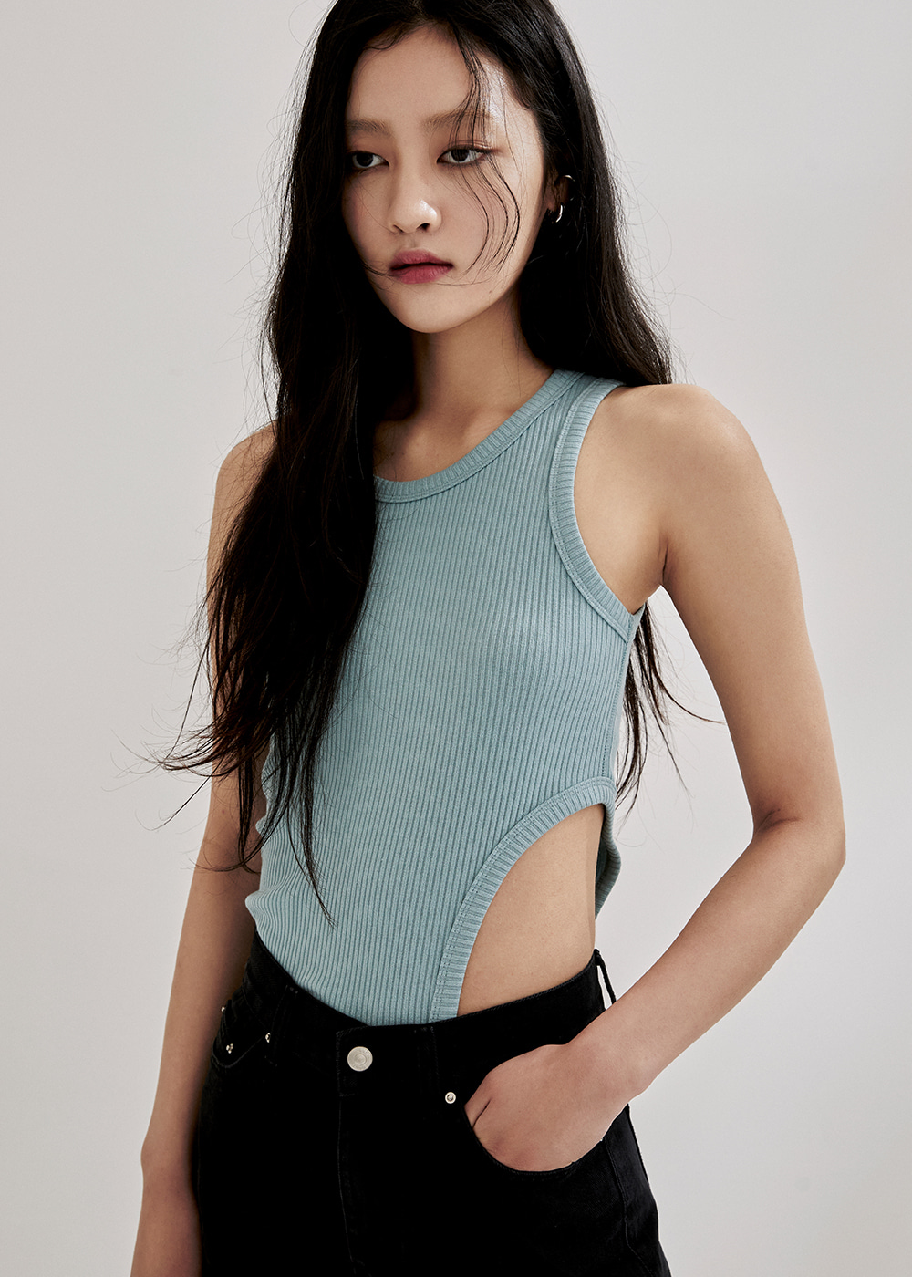Ribbed Cut Out Sleeveless Top - Mint