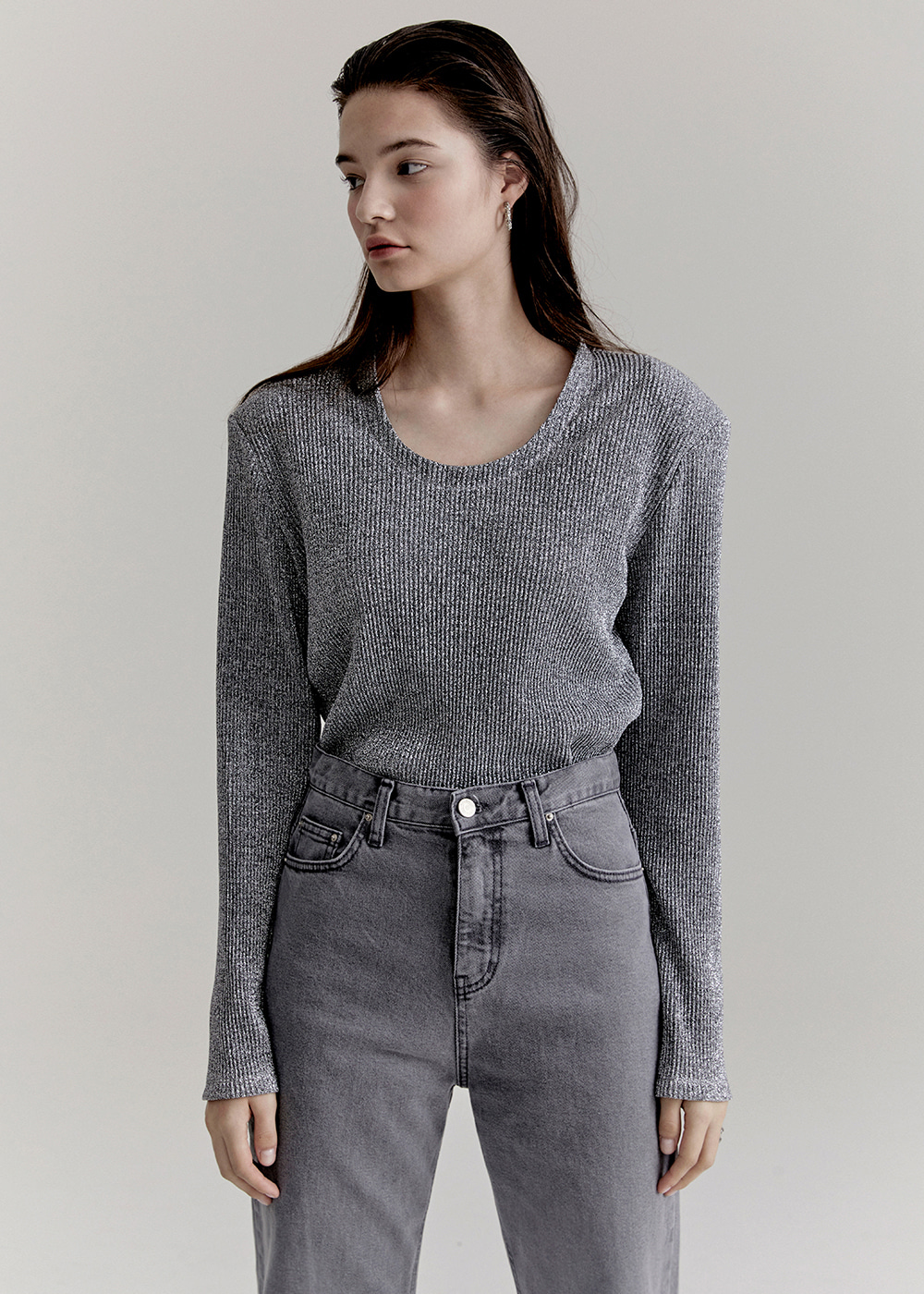Padded Metalic Knit Top - Silver
