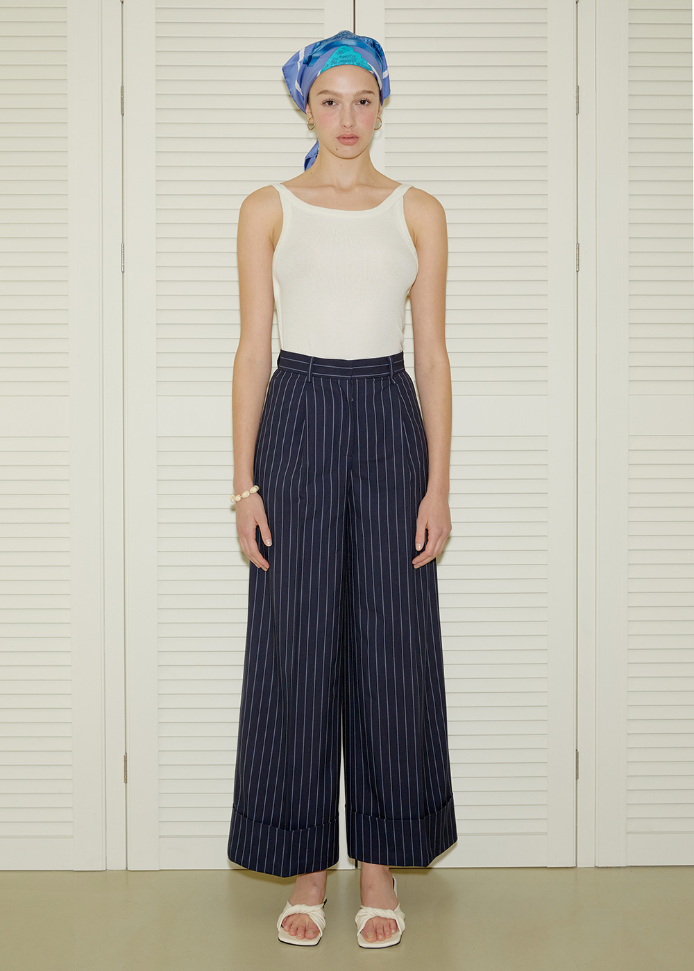 Striped Roll Up Wide Pants - Navy