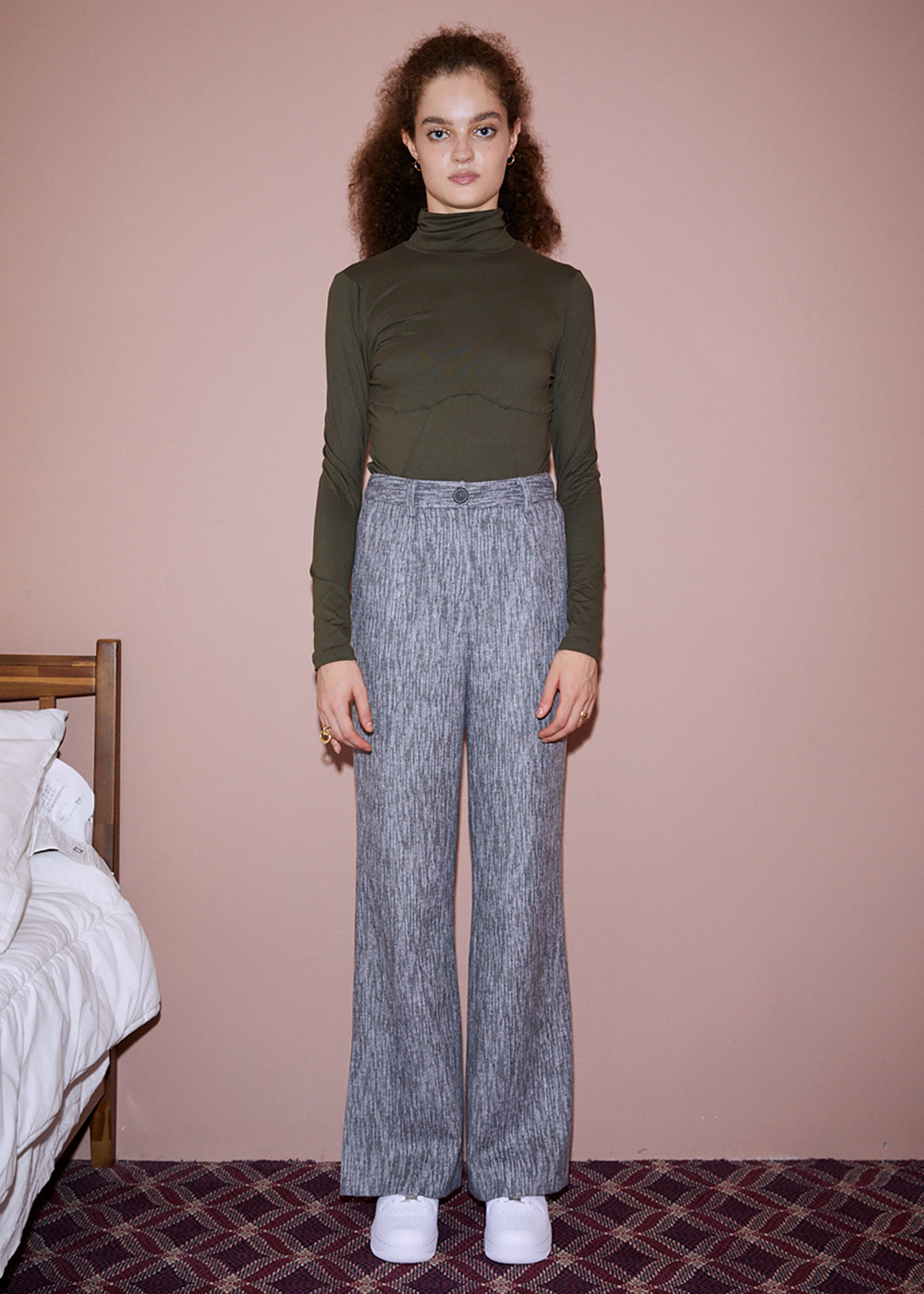 Wool-Blended Rough Line Flared Pants - Grey
